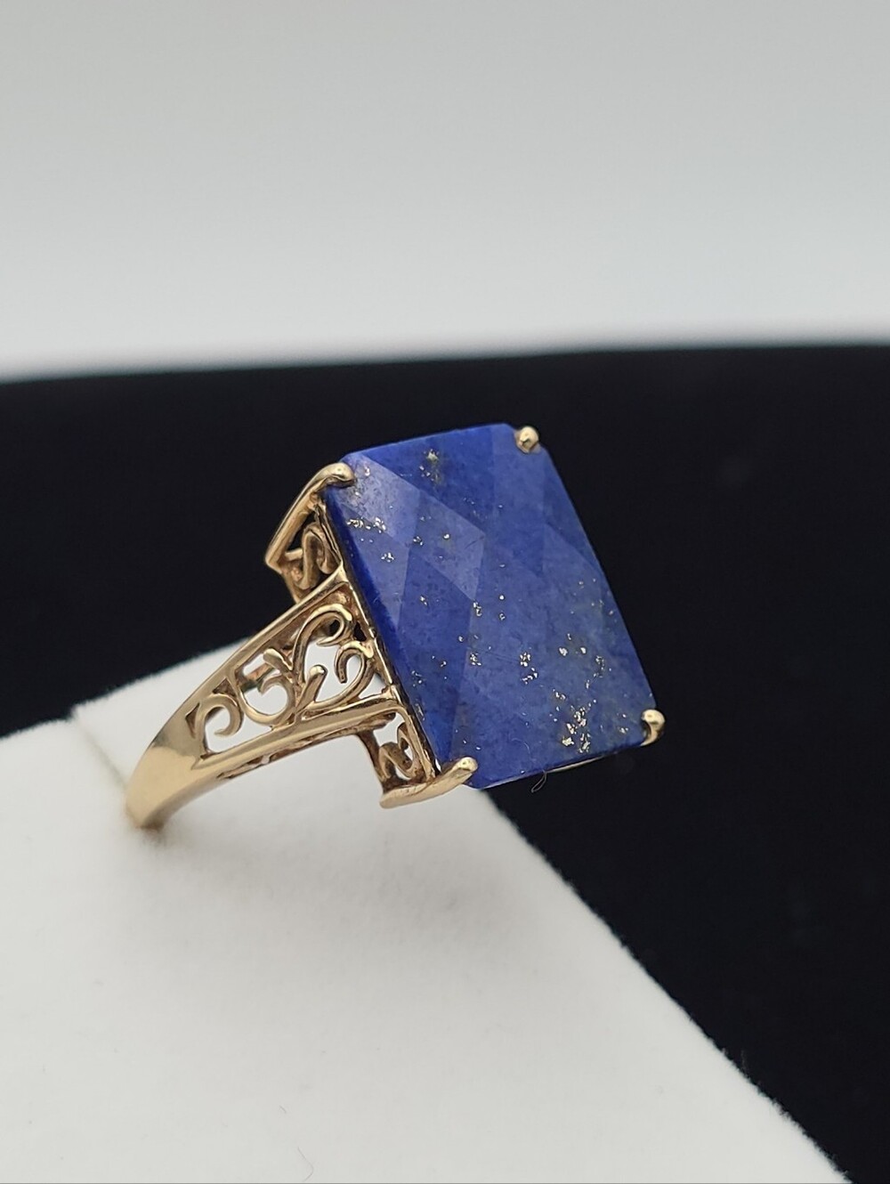 Vintage Fine Jewelry 10k Gold Lapis Lazuli Checkerboard Cut Statement Ring 8.5